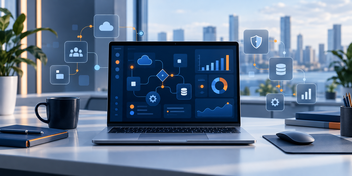 Laptop displaying an abstract enterprise AI workflow with cloud, security and data icons.