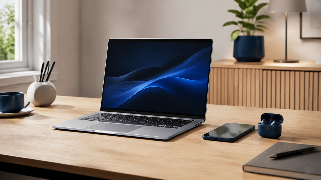 Affordable premium laptop with smartphone and wireless earbuds representing a connected technology ecosystem.