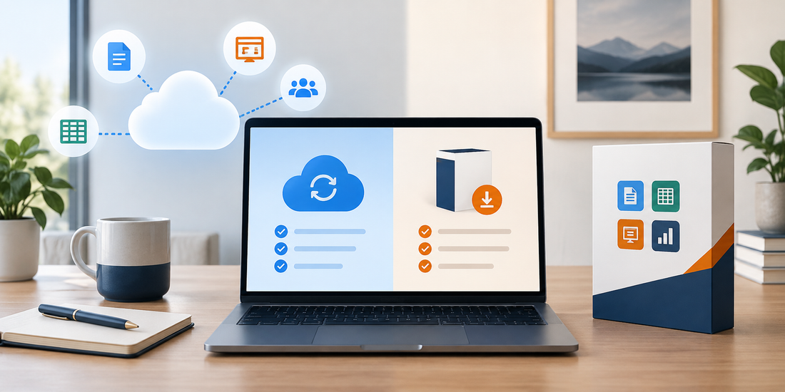 Brand-neutral laptop showing a cloud subscription and one-time software purchase comparison on a modern desk.