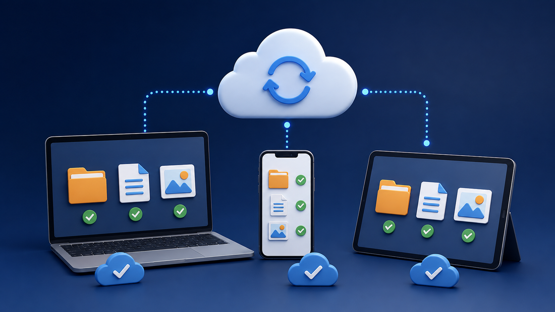 OneDrive sync status shown across a laptop, tablet and phone