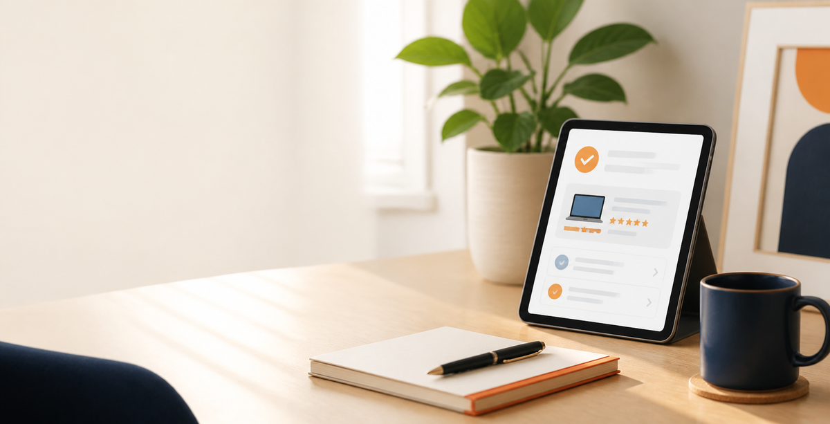 MyTechAdvisor calm home-office technology advice scene with warm orange accents