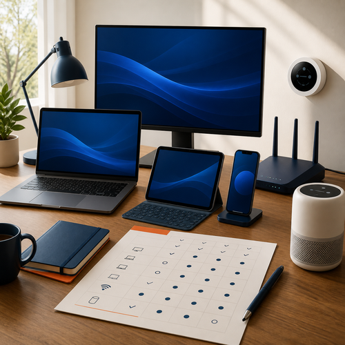 A coordinated selection of technology devices arranged around a buying plan